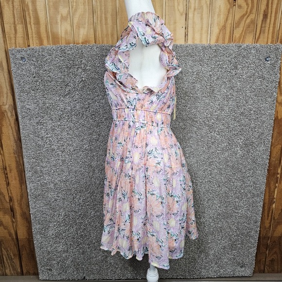 NWT Entro Mini Dress Womens L Floral Ruffle Sleeve Pink Orange Pastel - Picture 3 of 9